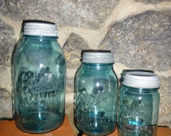 Blue Mason ball jar Vintage Mason 3 jars 1 half gallon, 1 quart, and 1 pint size,