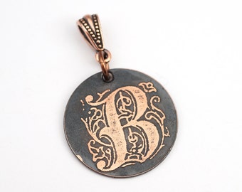 Letter B pendant, small round flat metal copper etched monogram initial, optional necklace, 25mm