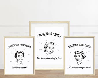 1950s Bathroom Signs, Vintage Bathroom Art, Set of Three, Funny Bathroom Prints