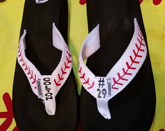 Baseball - Personalized flip flops - White webbing - Players name/number "I love/heart number"