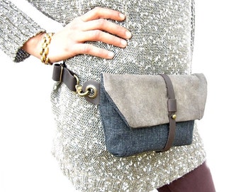 Unique Unisex Hip Bag, Black Denim Bag, Leather Zipped Pouch, Waist Bag, Hip Pouch, Unisex Bags, Travel Fanny Pack, Unisex Gift, Travel Gift