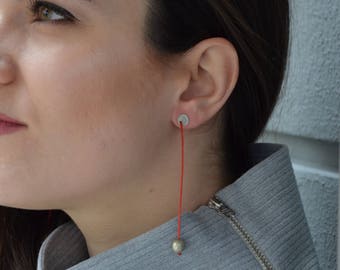 Contemporary Earrings, Geometric Jewelry, Circle Jewelry, Red Cords, Silver Bulls, Oxidized silver925, Minimalist Style, Gift for her