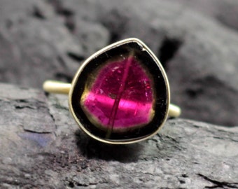 Rare awesome Watermelon tourmaline gold plated sterling silver ring delicately handcrafted minimalist tourmaline jewelry Perfect gift ETR043