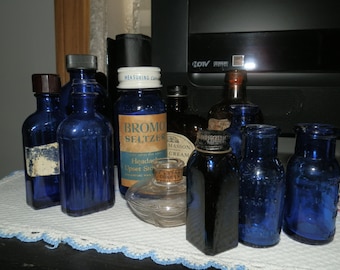 Lot of 11 Vintage Bottles- Cobalt Blue-Clear-Brown-Late 1800's to mid 1900's