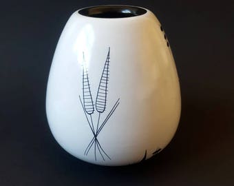 Vintage Flora Gouda Holland Vase, Mid Century Modern Home Decor, Black and White Vase