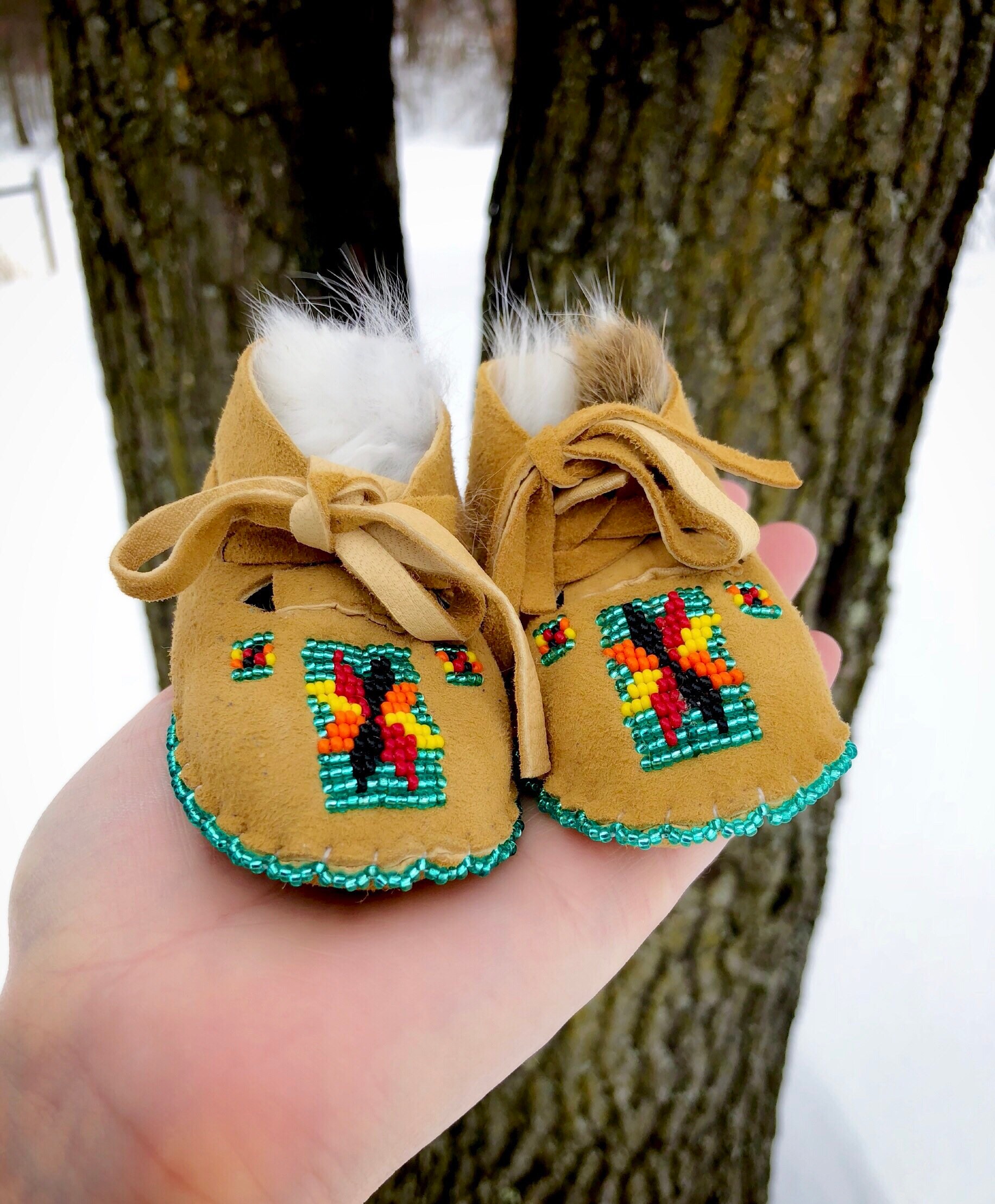 Baby Moccasins Beaded Moccasins Buckskin Beadwork Rabbit Fur