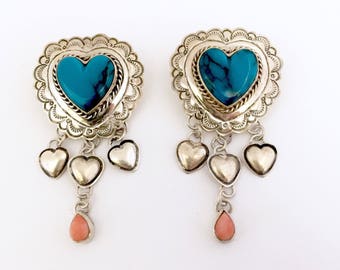 Vintage Southwest Navajo Native American Sterling Silver Turquoise & Coral Heart Dangle Earrings! Must see!