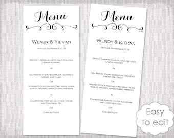 printable wedding menu template modern calligraphy script