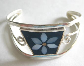 Child's Inlay MOP Flower Cuff Bracelet Signed Mexico Silver 1980's Vintage