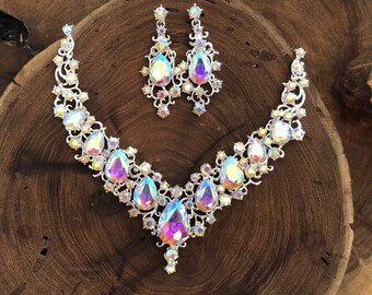 Ab necklace set, ab rhinestone necklace and earrings, AB prom necklace set, aurora borealis evening necklace, AB pageant necklace set