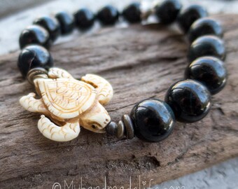 Sea Turtle Bracelet | Spirit Animal | Sea Turtle | Elastic | Black Tigereye Stones | Turtle Lover | Earthy | Organic | Bracelet Under 20