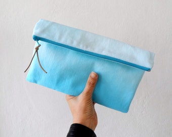 Hand Dyed Blue Ombre Clutch / Ombre zipper Pouch/ Summer fashion accessory