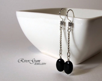 Black Onyx Earrings, Long Sterling Silver Earrings, Silver Twists, Handmade by RiverGum Jewellery