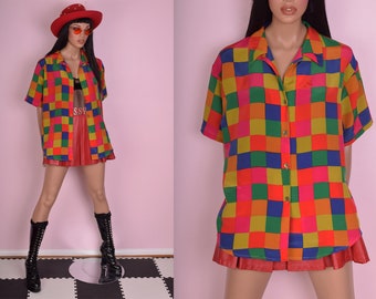 80s Colorful Checkered Shirt/ US 14/ 1980s/ Short Sleeve/ Button Down