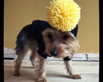 The Pom Pom pet hoodie. Dog/cat/puppy sweater jumper. Choose your bobble colour. Uk seller.