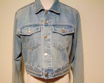 Vintage 70s 80s denim jean cropped powder blue jacket braiding boho hipster mod plus size