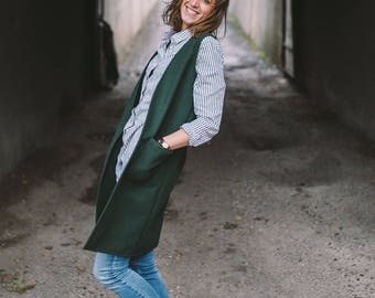 Wool Vest, Emerald Vest, Long Vest, Vest with Pockets, Casual Vest, Comfortable Vest, Winter Long Vest