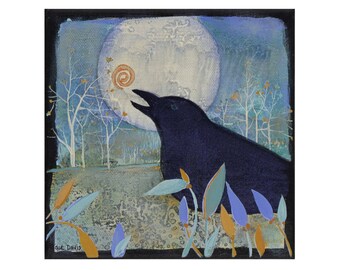 Crow, small painting, Art, Painting on Canvas , original artwork, 6 x 6 inches,home decor,wall art