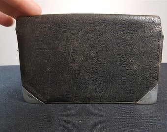 Antik Silber und schwarzem Leder Bifold Geldbörse 1905 Markenzeichen Edwardian