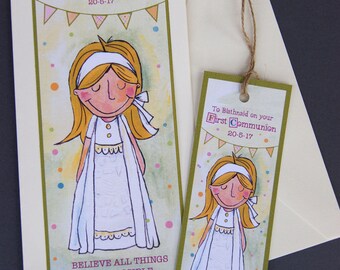 Girls First Communion Card with Personalised Bookmark, Holy Communion Card for Little Girl, First Holy Communion Personalised Card