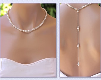 Pearl Back Drop Necklace, Pearl Necklace, Pearl Bridal Necklace, Back Necklace, Bridal jewelry