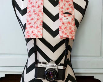 Camera Strap Cover- lens cap pocket and padding included- Field of Floral