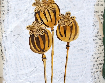 Three Dried Poppies Original Watercolor Mixed Media Painting