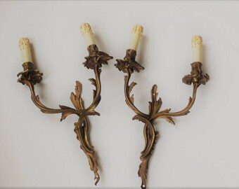Pair Large Antique French Bronze Wall Sconces, 2 French Wall Lights. Pair French Rococo Acanthus Leaf Wall Lights.