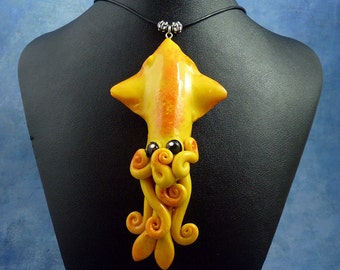 Solar Flare Squid Necklace, Bright Yellow Polymer Clay Squid Pendant