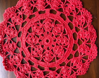 Red crochet doily, handmade centerpiece