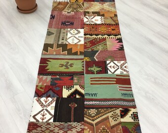Vintage Fashion Eclectic Turkish Patchwork Rug,Fine Quality Handmade Patched Kilim Runner Rug,Hallway&Kitchen Runner 2'10"x10'5"