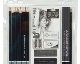 21 Piece Essentials Sketching Pencil Set by Royal, Charcoal, Graphite, Eraser, Sharpener