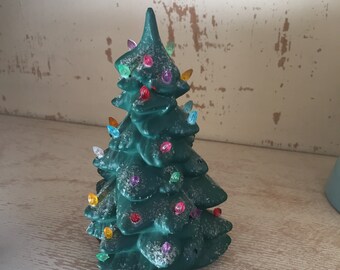 Tiny Small Green VintageCeramic Christmas Tree with Lights