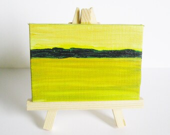 Abstract Landscape Painting Miniature Original Oil Painting with Easel 2.5 x 3.5 Gallery Wrap Canvas Yellow Sky Kathleen Daughan Art AL2