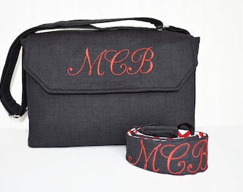 Personalized DSLR Camera Bag in Black and Red Chevron with Lens Pockets with Camera Strap Monogrammed Nikon Canon EOS or Digital