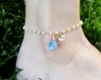 Something Blue ANKLET with Bride & Groom initials, Couples initials,Personalized ANKLE bracelet, Wedding jewelry for the bride