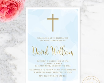 Boy First Holy Communion Invitation Printable / Boy First Holy Communion Invite / Cross / Blue