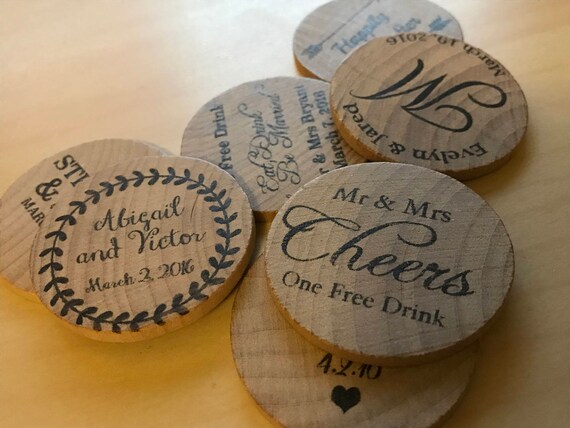 Items similar to Wedding Drink Tokens - Wooden Nickels Custom Crafted ...