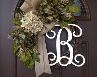 Everyday Wreath - Monogram Wreath - Year Round Wreath - All Season Hydrangea Wreath - Grapevine Wreath with Burlap Bow - Monogrammed Wreath