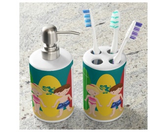 Vintage Surfboards Soap Dispenser & Toothbrush Holder - Personalized Kids Bathroom Accessories