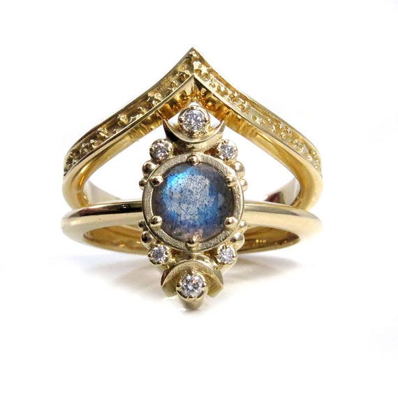 Gold Moon and Stardust Chevron Engagement Ring Set - Labradorite and Diamond Modern Celestial Wedding Jewelry