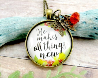 He Makes All Things New Christian Watercolor Pendant Necklace, Antique Bronze Shabby Chic Floral Style Encouragement Gift Scripture Verse