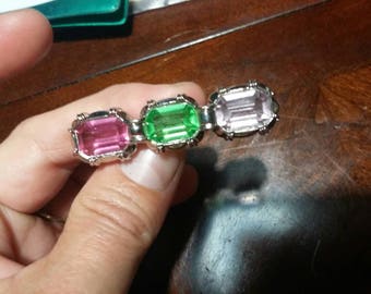 Big rhinestone multi color brooch vintage 1970s