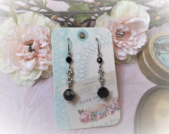 Earrings Art Nouveau black crystal and silver metal