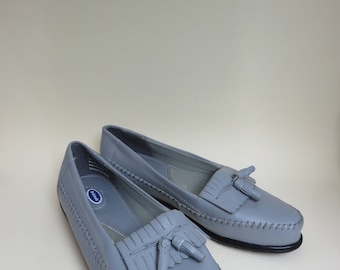 Size 9 1/2 Wide Gray Loafers Women's Leather Fringe Tassel Slip On Flats