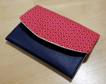 Pink flower Boon Wallet with blue vinyl detail, 9 card slots and coin purse, simple folding wallet