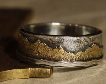 Mountain Lake. Mans ring of 18K gold and sterling silver. Mans engagement ring.