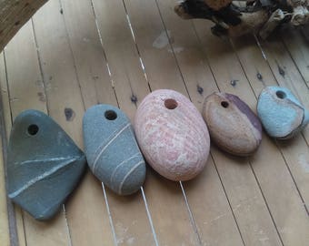 Unique Beach Stone Pebbles, 5 Pieces with a drilled hole