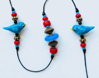 SALE! Beaded Windchime. Garden Chime. Bluebird Beads. Lampwork Glass Beads. Turquoise Blue. Red. Gold. Black. Retro. Birdwatcher. Brass Bell