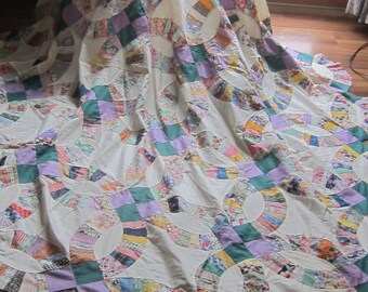 Gorgeous Vintage Double Wedding Ring Quilt TOP 82X82"